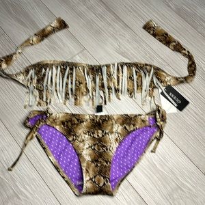 GUESS XS snake skin animal print fringe bikini NWT